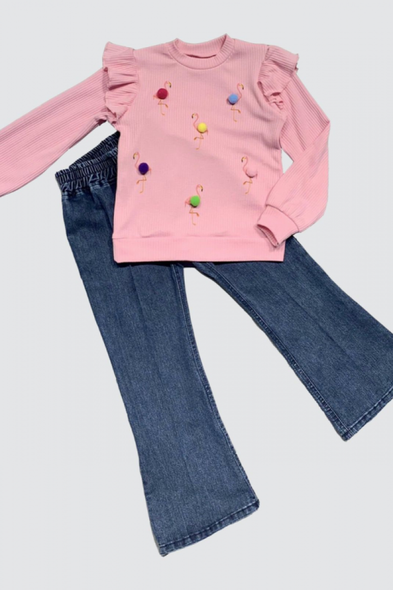 4-5-6 Yaş Kot Pantolonlu Flamingo Desenli Penye Sweat Uzun Kollu 2li Kız Çocuk Takımı