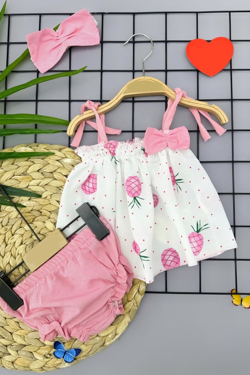 3-6-9-12 Ay Bandajlı Ve Kilotlu Ananas Desenli Askılı 3lü Kız Bebek Elbisesi