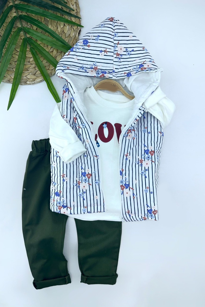 3-4-5-6 Yaş Kapşonlu Fermuarlı Çiçekli Şişme Yelek Sweat Pantolonlu 3lü Kız Erkek Çocuk Takımı