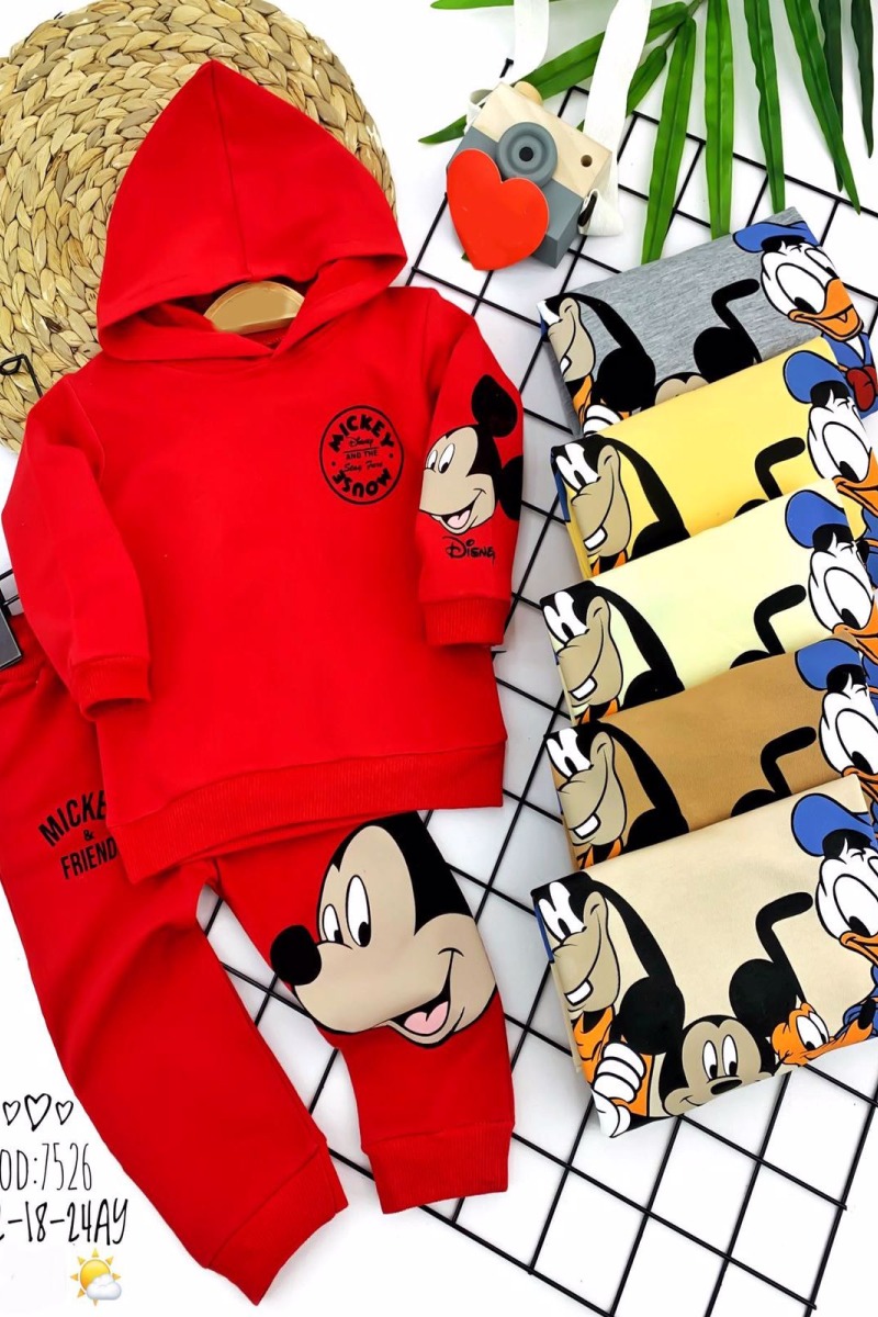 9-12-18-24 Ay Kapşonlu Mickey-arkadaşları Baskılı Sweat Pantolon 2 Li Kız Erkek Bebek Takımı