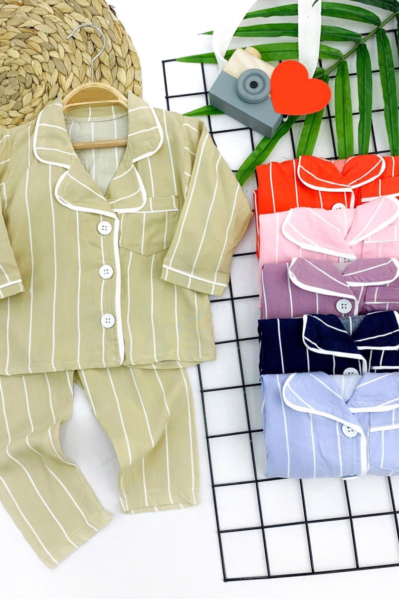 9-12-18-24 Ay Çizgili Düğme Kapamalı 2li Kız Erkek Bebek Pijama Takımı