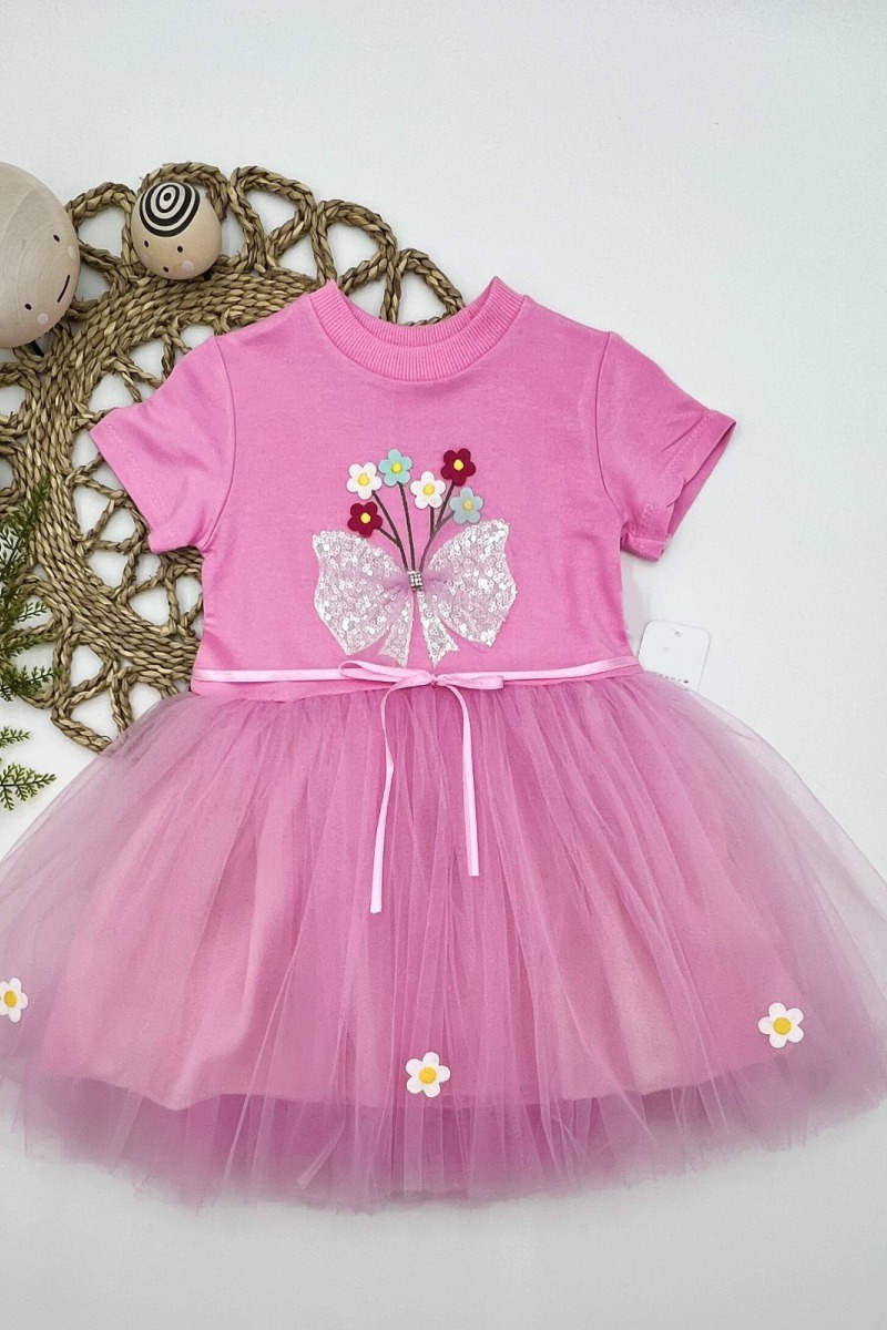 1-2-3 Yaş Tül Fiyonk Çiçekler Nakışlı Astarlı Kız Bebek Tütü Elbisesi