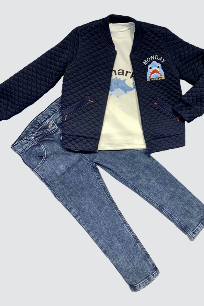 4-5-6 Yaş Kot Pantolonlu Pilot Mont Uzun Kollu Penye Sweat 3lü Erkek Çocuk Takımı