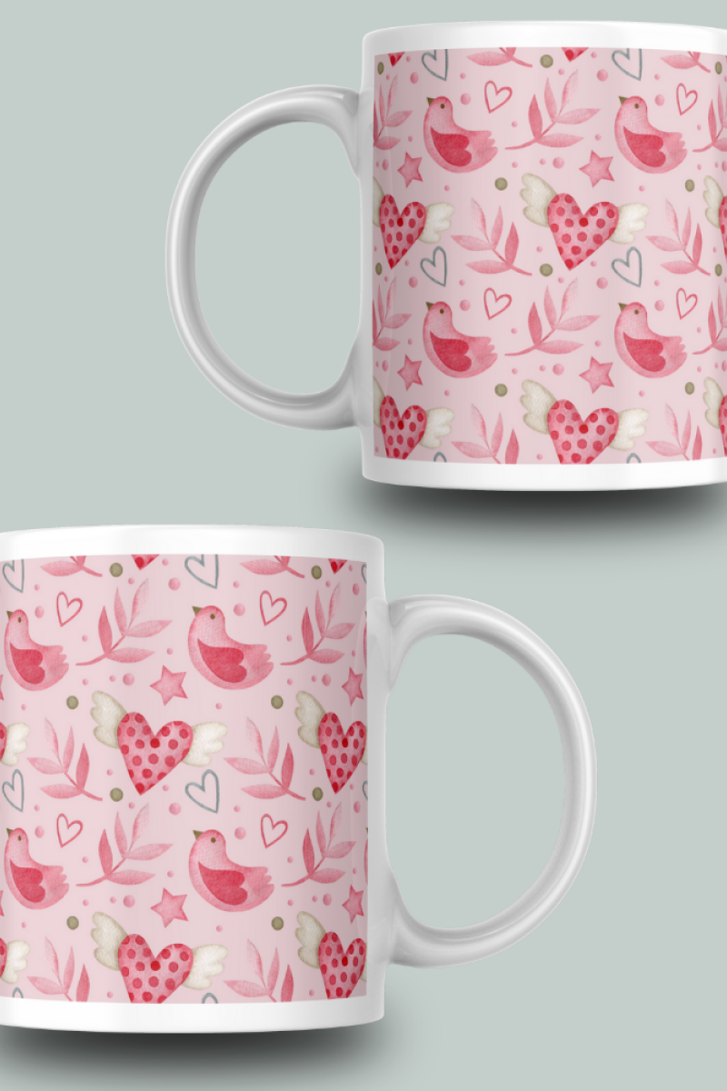Pembe Kuş Ve Kalp Desenli Seramik 350 Ml Kupa Bardak