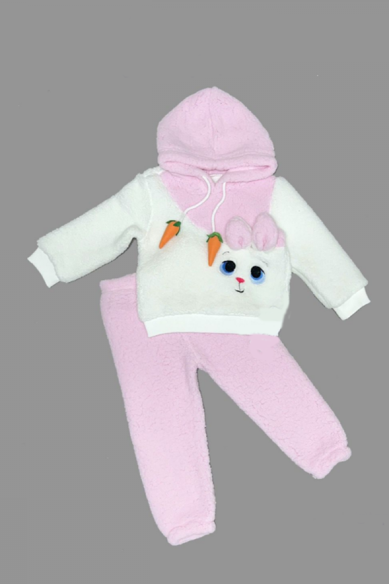 1-2-3 Yaş Kulaklı Tavşan Havuç İpli Kapşonlu Kuzu Kumaş Sweat Pantolon Uzun Kollu Kız Erkek 2 Li Takımı