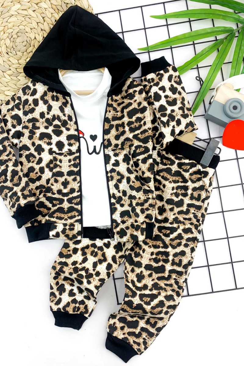 2-3-4-5 Yaş Kapşonlu Leopar Desenli Sweatli 3lü Kız Çocuk Takımı
