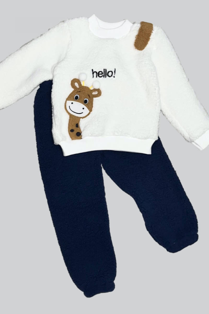 1-2-3 Yaş Hello Zürafa Nakışlı Kuzu Kumaş Sweat Pantolon Uzun Kollu Kız Erkek 2 Li Takımı