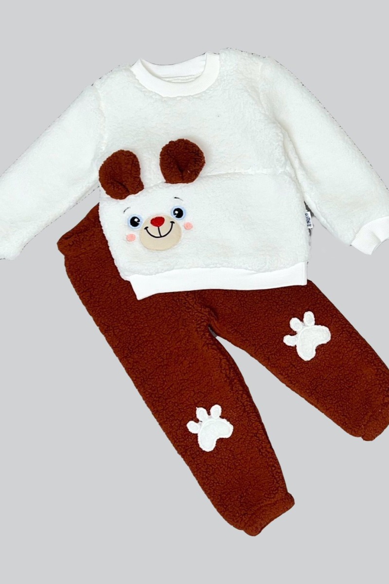 1-2-3 Yaş Kulaklı Patili Ayıcık Kuzu Kumaş Sweat Patili Pantolon Uzun Kollu Kız Erkek 2 Li Takımı
