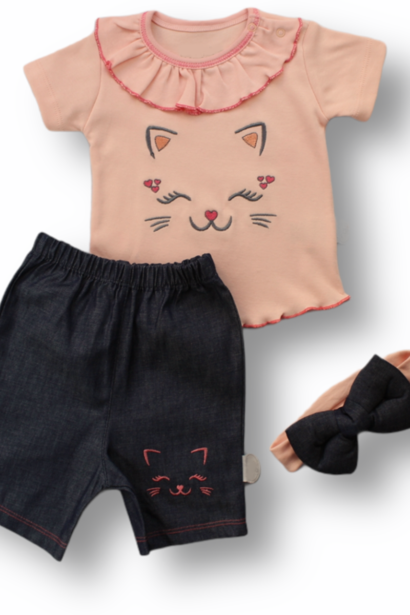 6-9 9-12 12-18 Ay Vip Kedi Baskılı Bandanalı Kısa Kollu Sweat 3lü Kız Bebek Takımı
