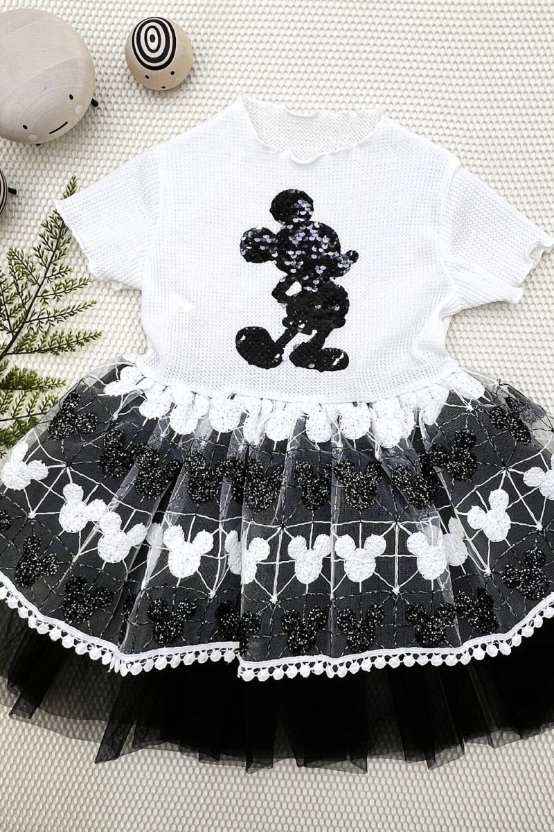 1-2-3 Yaş Payetli Mickey Baskılı Brode Etekli Kız Bebek Elbisesi