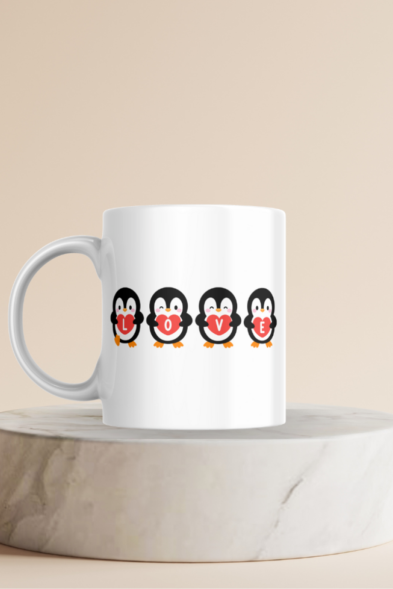 Love Yazılı Penguen Baskılı Hediyelik Seramik 350 Ml Kupa Bardak