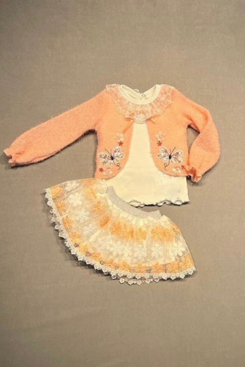 1-2-3 Yaş Brode Etekli Örme Hırkalı Uzun Kollu Sweat 3lü Kız Çocuk Takımı