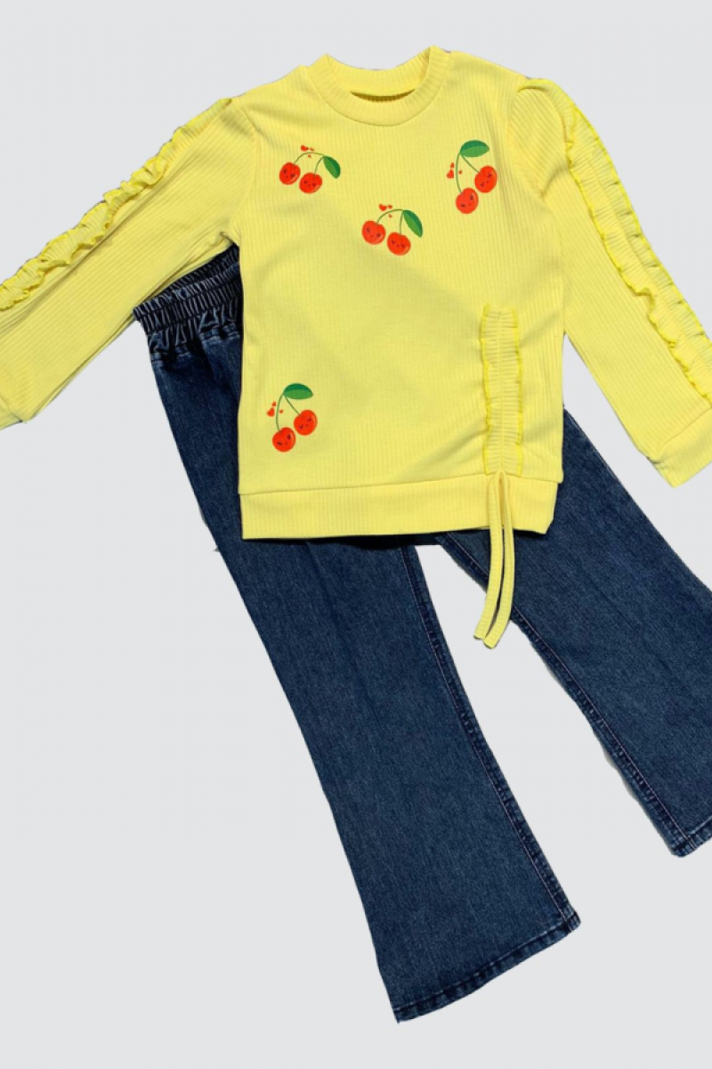 4-5-6 Yaş Kot Pantolonlu Kiraz Desenli Penye Sweat Uzun Kollu 2li Kız Çocuk Takımı