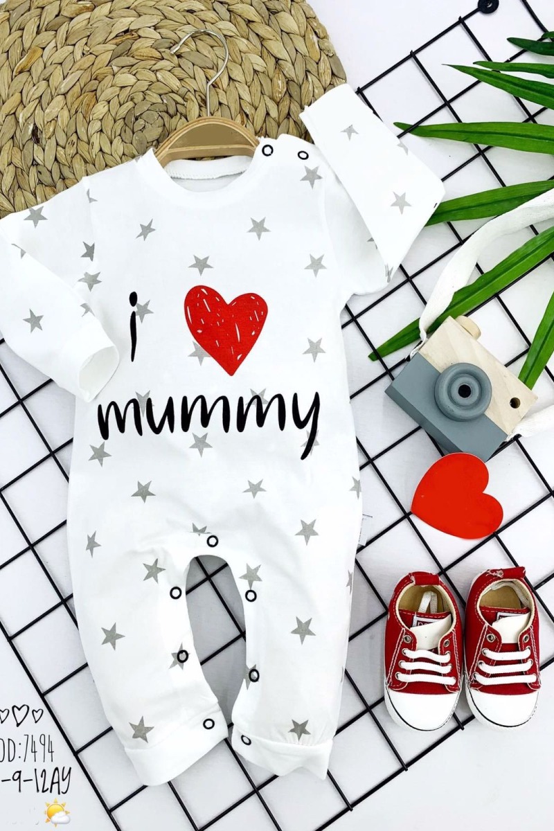 3-6-9-12 Ay Gümüş Yıldız I Love Mummy Baskılı Uzun Kollu Kız Erkek Bebek Tulumu