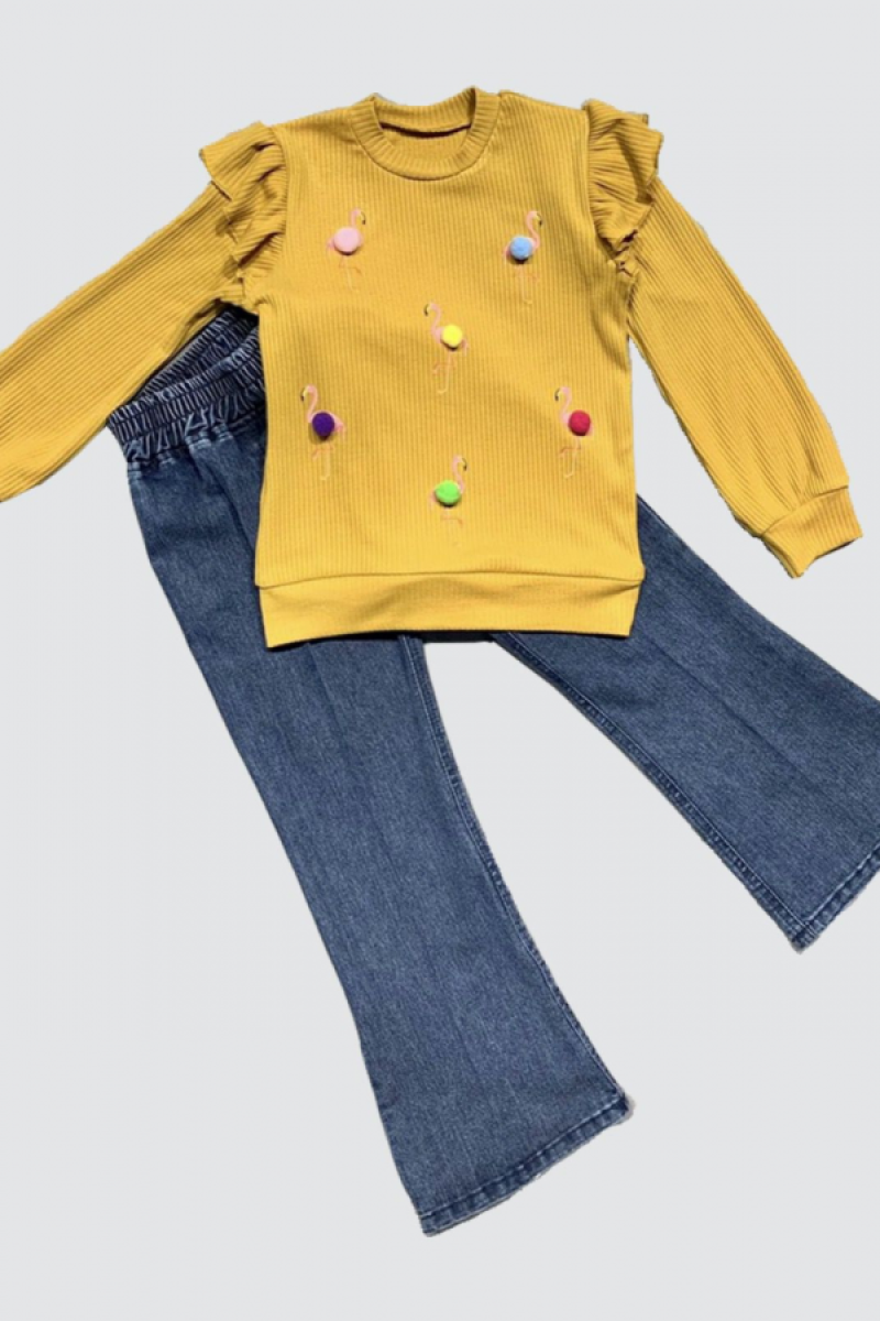 4-5-6 Yaş Kot Pantolonlu Flamingo Desenli Penye Sweat Uzun Kollu 2li Kız Çocuk Takımı