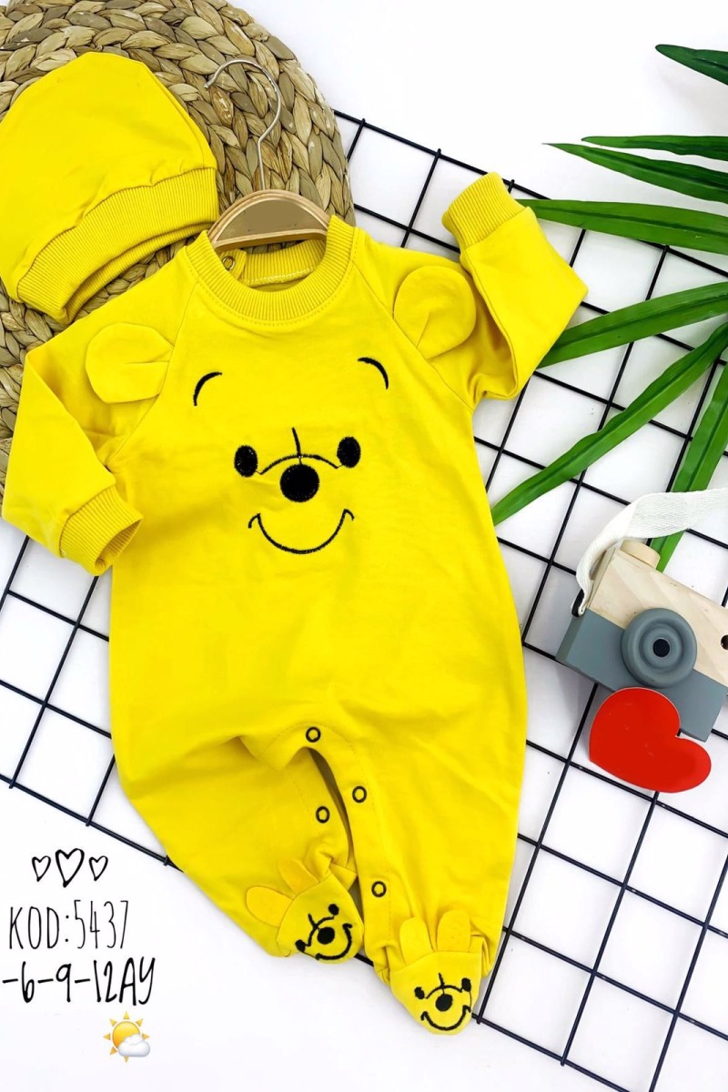 3-6-9-12 Ay Pooh Baskılı Şapkalı Pooh Patikli 2li Kız Erkek Bebek Tulumu