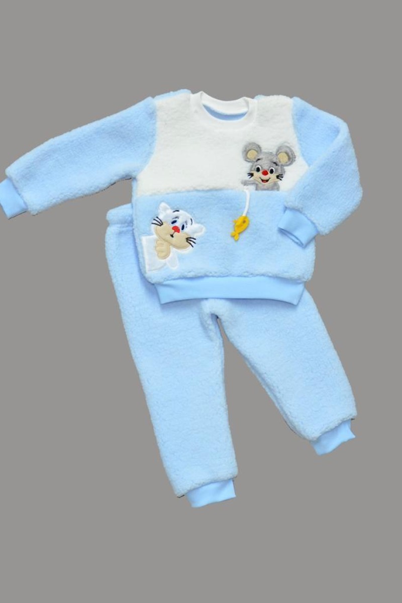 1-2-3 Yaş Sallanan Balık Nakışlı Kuzu Kumaş Sweat Pantolon Uzun Kollu Kız Erkek 2 Li Takımı