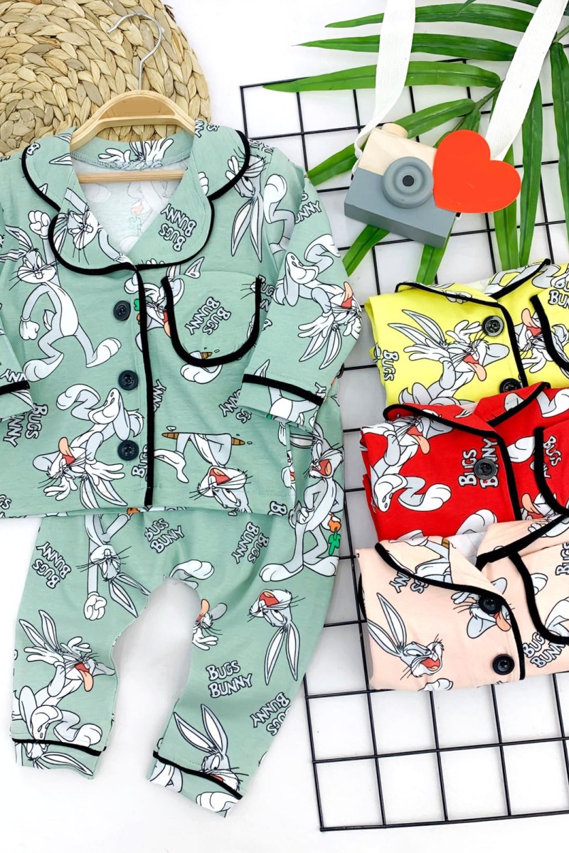 9-12-18-24 Ay Bugs Bunny Baskılı Düğme Kapama 2li Kız Erkek Bebek Pijama Takımı
