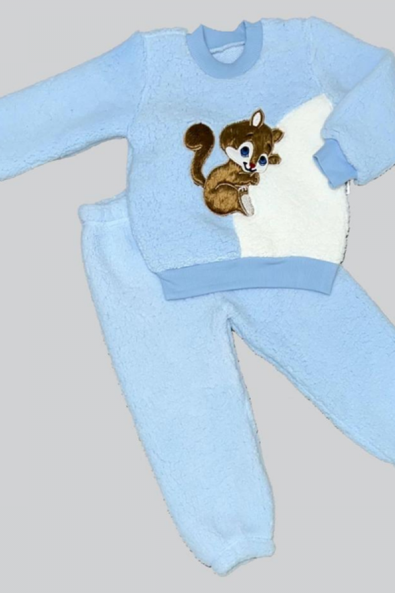 1-2-3 Yaş Masum Yavru Sincap Nakışlı Kuzu Kumaş Sweat Pantolon 2li Kız Erkek Bebek Takımı