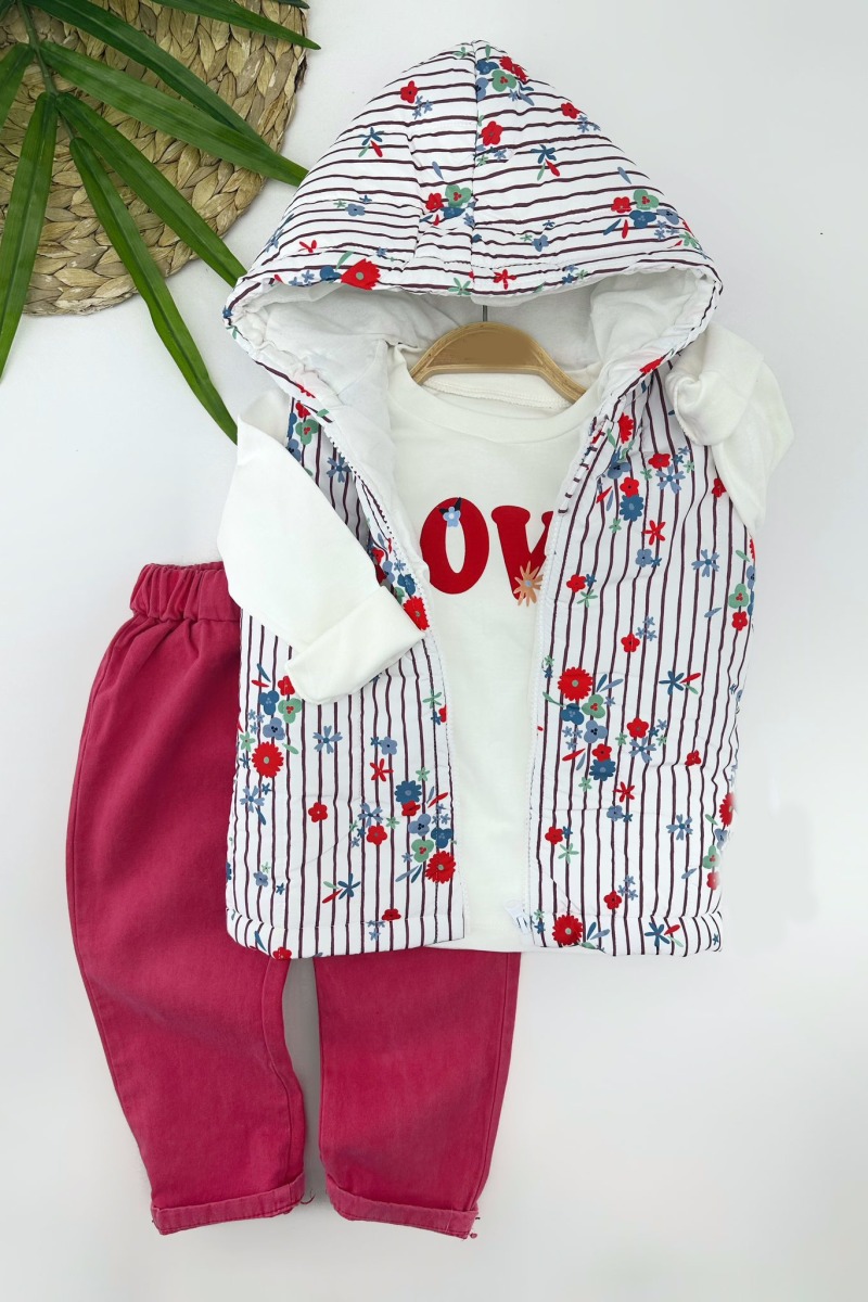 3-4-5-6 Yaş Kapşonlu Fermuarlı Çiçekli Şişme Yelek Sweat Pantolonlu 3lü Kız Erkek Çocuk Takımı