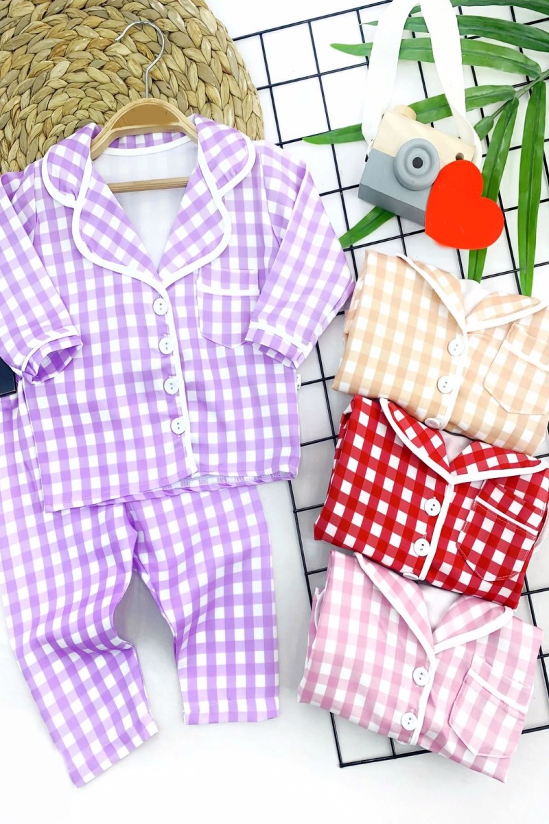 9-12-18-24 Ay Kare Baskılı Düğme Kapamalı 2li Kız Erkek Bebek Pijama Takımı