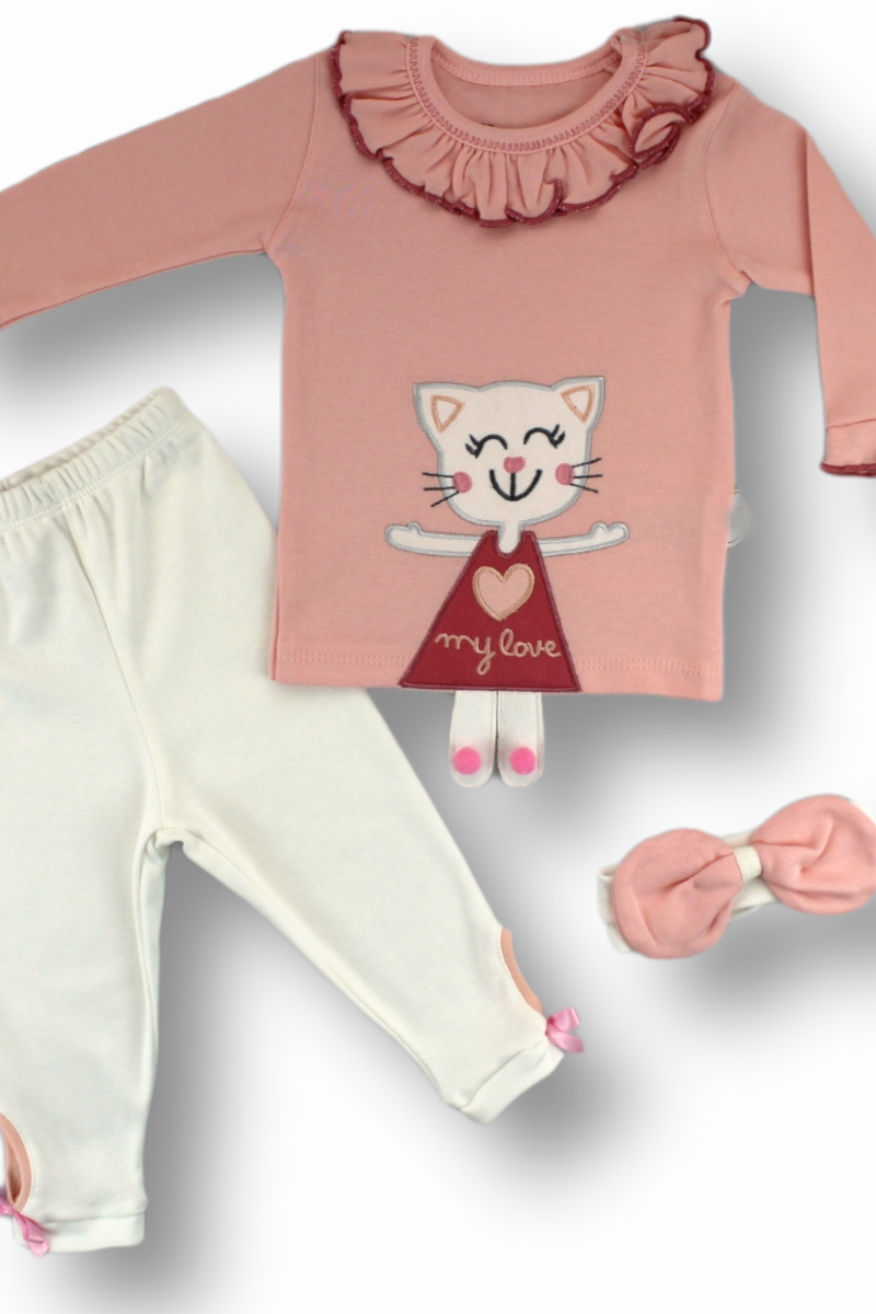 6-9 9-12 12-18 Ay Elbiseli Kedi Nakışlı Bandanalı Uzun Kollu Sweat 3lü Kız Bebek Takımı