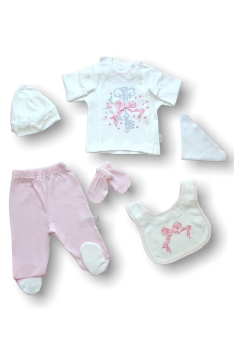 Kanaviçe Nakışlı %100 Cotton Antibakteriyel 5li Zıbın Takımı Hastane Çıkışı