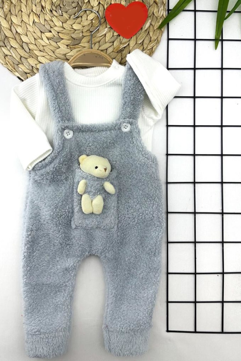 3-6-9-12 Ay Kuzu Tüylü Kumaş Ayıcıklı Önden Cepli İçi Sweatli 2li Kız Erkek Bebek Salopet