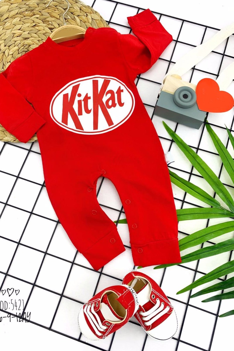 3-6-9-12 Ay Kitkat Çikolatam Baskılı Uzun Kollu Kız Erkek Bebek Tulumu