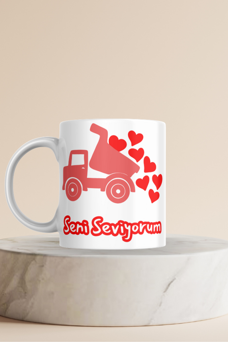 Seni Seviyorum Yazılı Gül Döken Kamyon Seramik 350 Ml Kupa Bardak , Sevgiliye Özel Gün Hediyesi