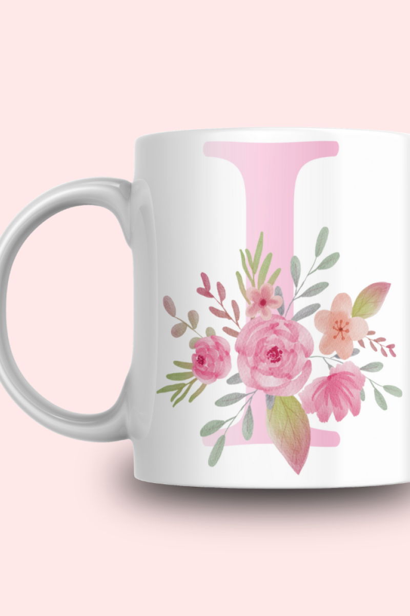 Pembe Çiçek Desenli I Harfli Kupa