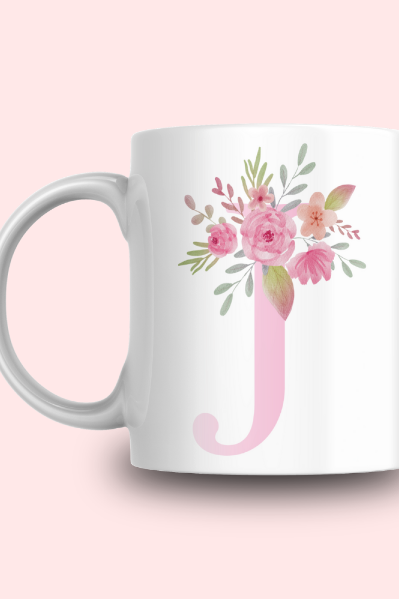 Pembe Çiçek Desenli J Harfli Kupa