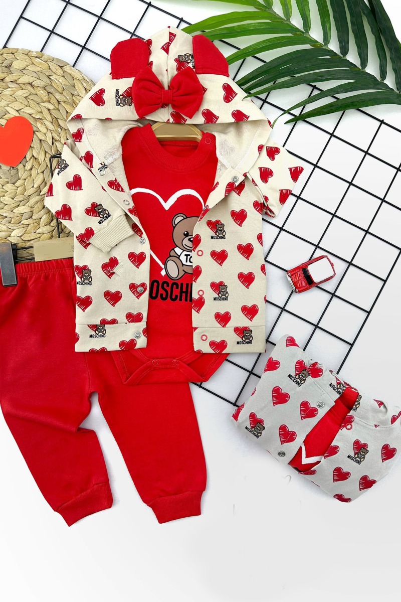 3-6-9-12 Ay Moschino Kalp Baskılı Kapşonlu Ceket 3lü Kız Bebek Takımı