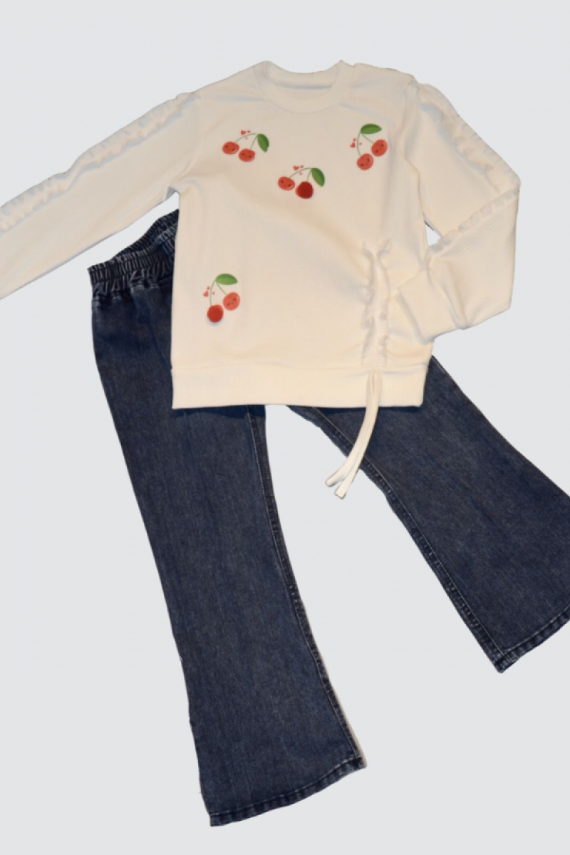 4-5-6 Yaş Kot Pantolonlu Kiraz Desenli Penye Sweat Uzun Kollu 2li Kız Çocuk Takımı