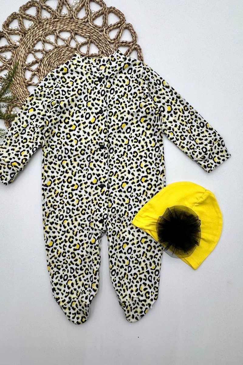 0-3-6-9 Ay Leopar Baskılı Tam Boy Çıtçıtlı Patikli Güllü Boneli Kız Bebek Tulumu