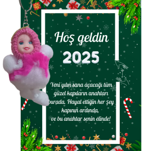 Yeni Yıl Kart Üzerinde Anahtarlık (Kişiye Özel Yazı Yazdırılabilir) Peluş Bebek 