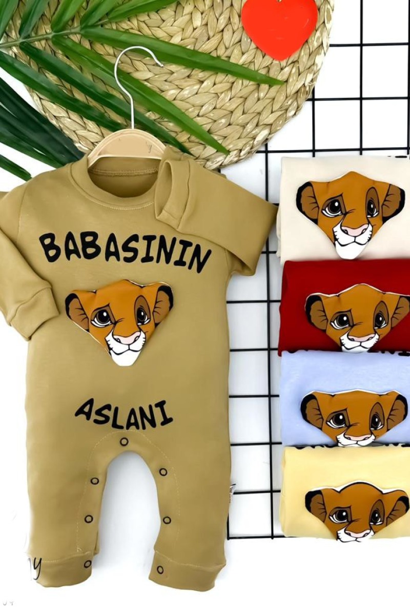 3-6-9-12 Ay Babasının Aslanı Baskılı Uzun Kollu Erkek Bebek Tulumu