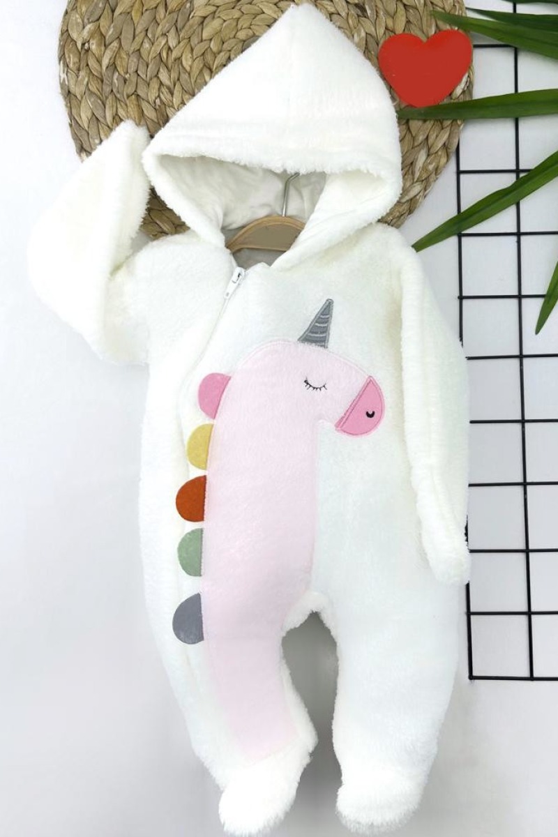 6-9-12-18 Ay Kuzu Tüylü Kumaş Unicorn Nakışlı Kapşonlu Fermuarlı Kız Erkek Bebek Tulumu