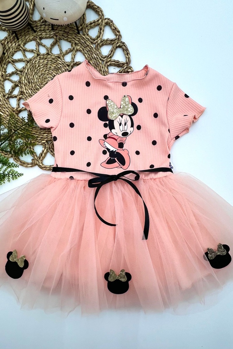 2-3-4 Yaş Puantiyeli Mickey Baskılı Kurdela Kuşaklı Astarlı Kız Bebek Tütü Elbisesi