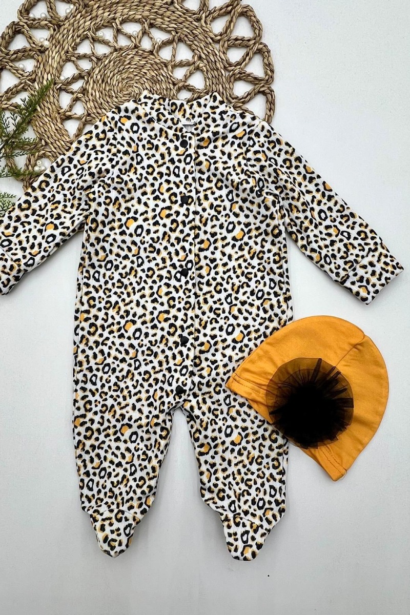 0-3-6-9 Ay Leopar Baskılı Tam Boy Çıtçıtlı Patikli Güllü Boneli Kız Bebek Tulumu