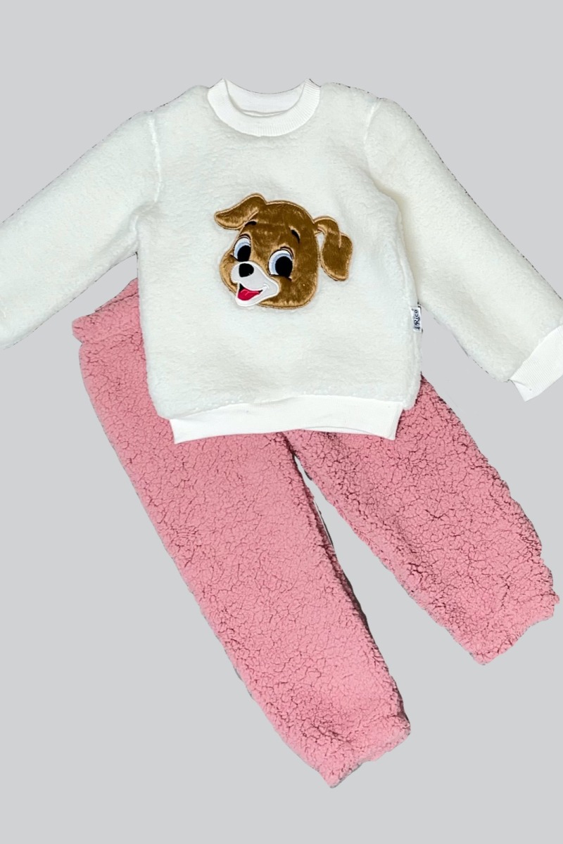 1-2-3 Yaş Mutlu Köpekcik Nakışlı Kuzu Kumaş Sweat Patili Pantolon Uzun Kollu Kız Erkek 2 Li Takımı