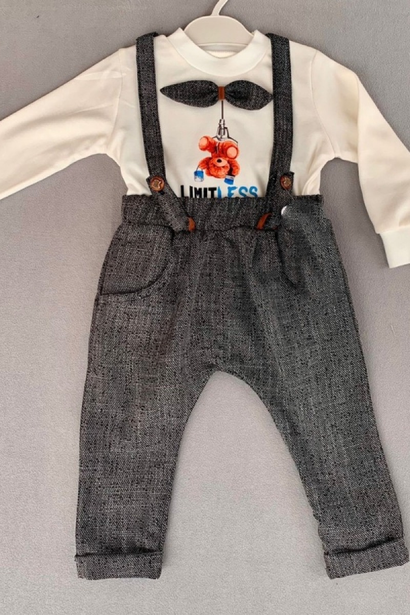 9-12-18 Ay Papyonlu Sweat Kot Pantolon 2li Erkek Bebek Salopet Takımı