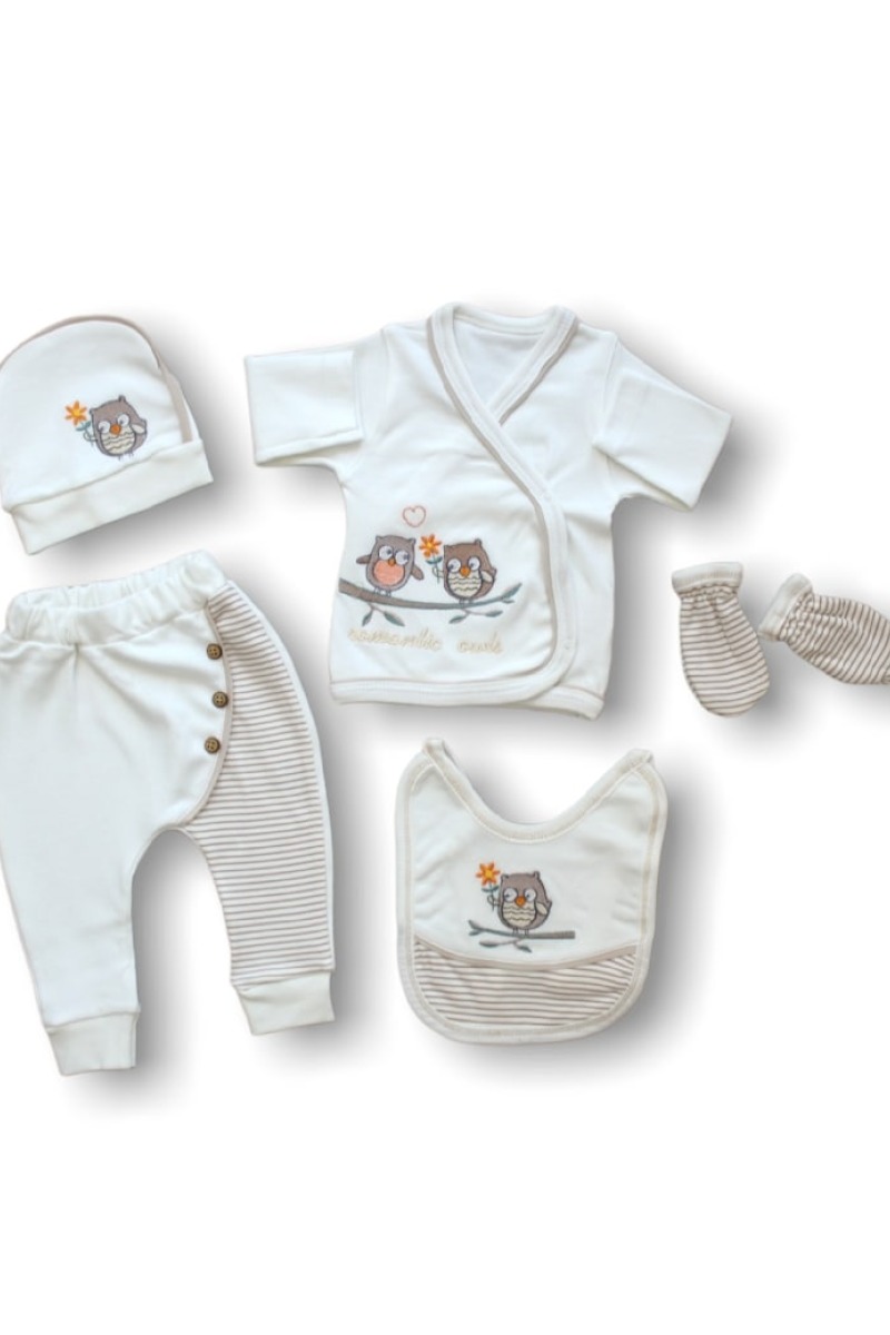 Romantik Çift Baykuş Nakışlı %100 Cotton Antibakteriyel 5li Zıbın Takımı Hastane Çıkışı