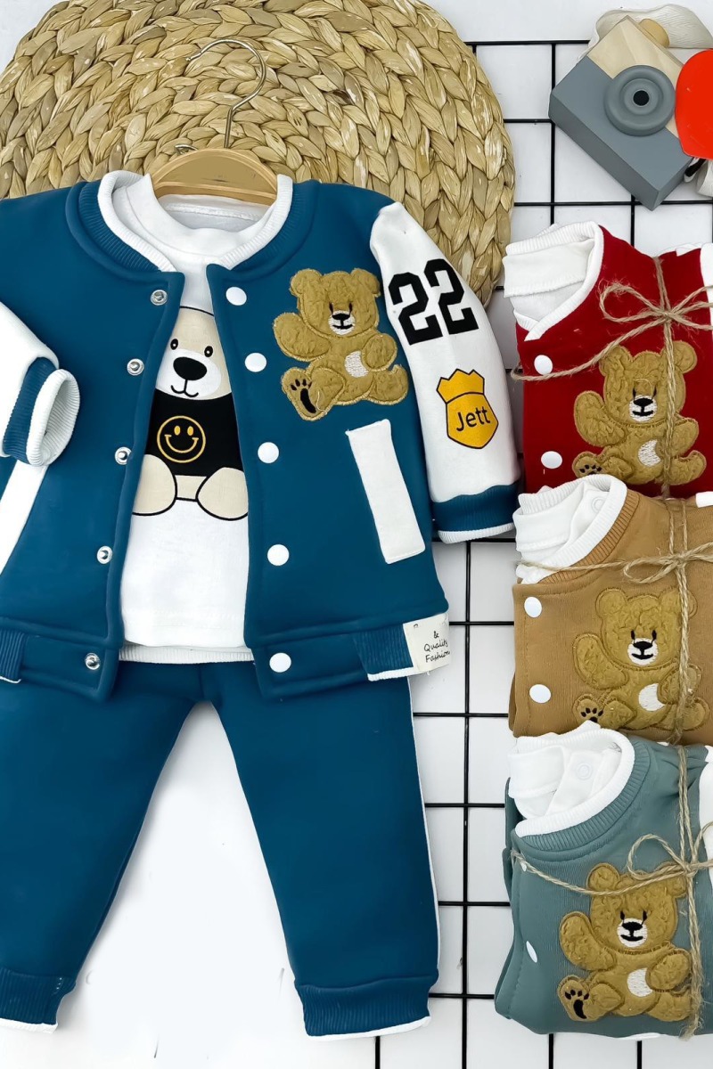 9-12-18-24 Ay Ayıcık Nakışlı Düğmeli Ceket Pantolon Uzun Kollu Sweatli 3lü Kız Erkek Bebek Takımı