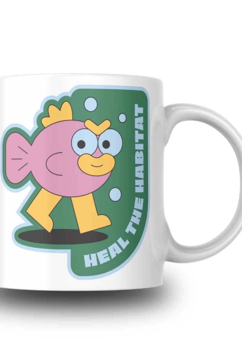 Pembe Yürüyen Balık Desenli Seramik 350 Ml Kupa Bardak