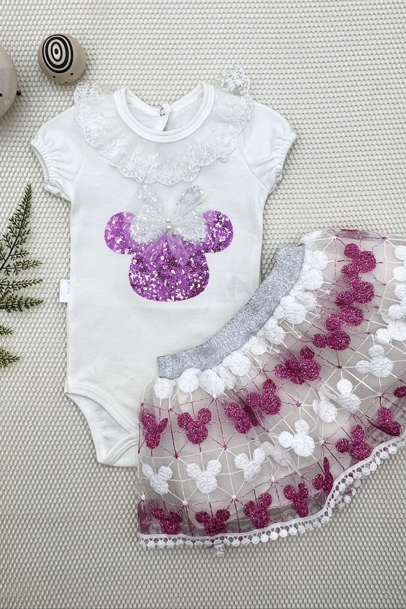 1-2-3 Yaş Payetli Mickey Nakışlı  Kısa Kollu Brode Etekli 2li Kız Bebek Takımı