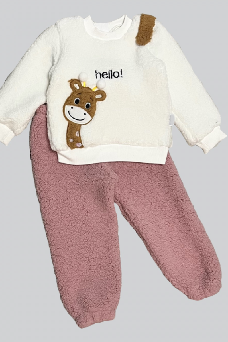 1-2-3 Yaş Hello Zürafa Nakışlı Kuzu Kumaş Sweat Pantolon Uzun Kollu Kız Erkek 2 Li Takımı