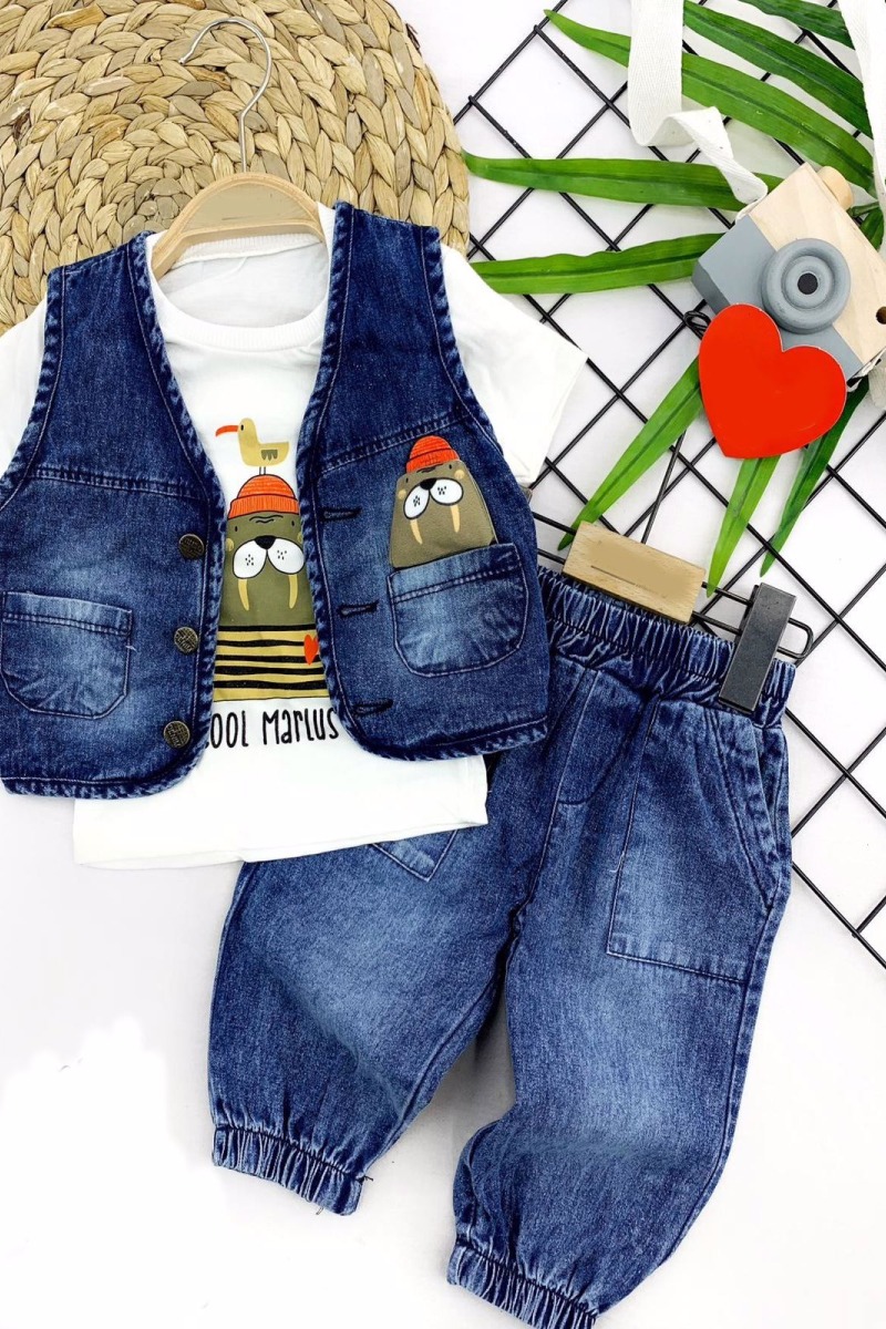 9-12-18-24 Ay Kot Yelek Ve Pantolonlu Baskılı Tişört 3lü Erkek Bebek Takımı