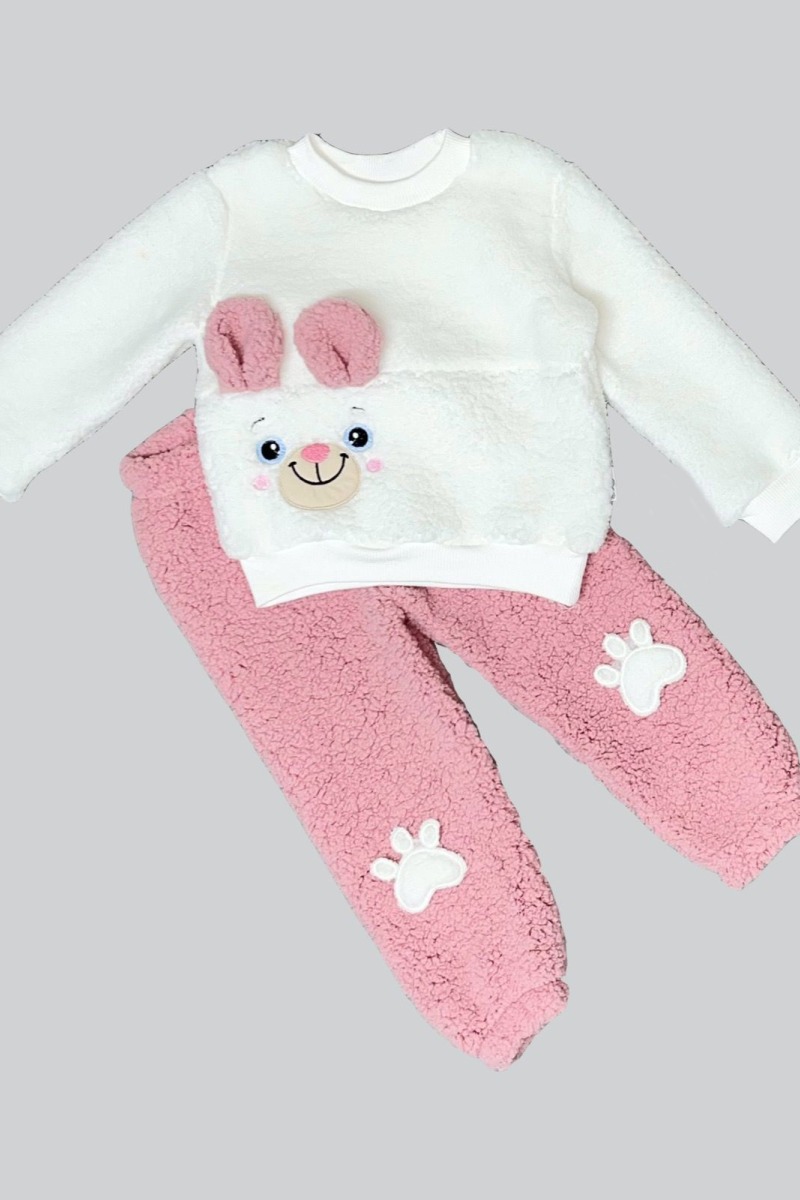 1-2-3 Yaş Kulaklı Patili Ayıcık Kuzu Kumaş Sweat Patili Pantolon Uzun Kollu Kız Erkek 2 Li Takımı
