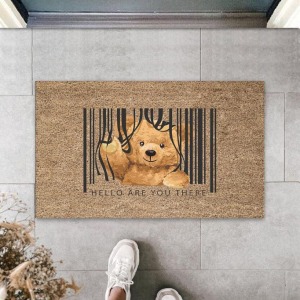 Kahverengi Kapı Önü Paspası Hello Are You There Ayıcık Desen  K-3283